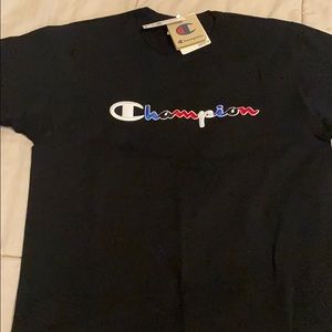 Black Champion shirt with color letters